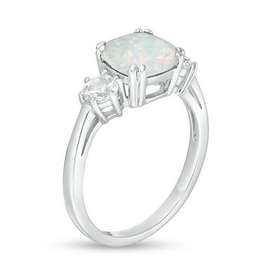 8.0mm Cushion-Cut Lab-Created Opal and White Sapphire Three Stone Ring in Sterling Silver
