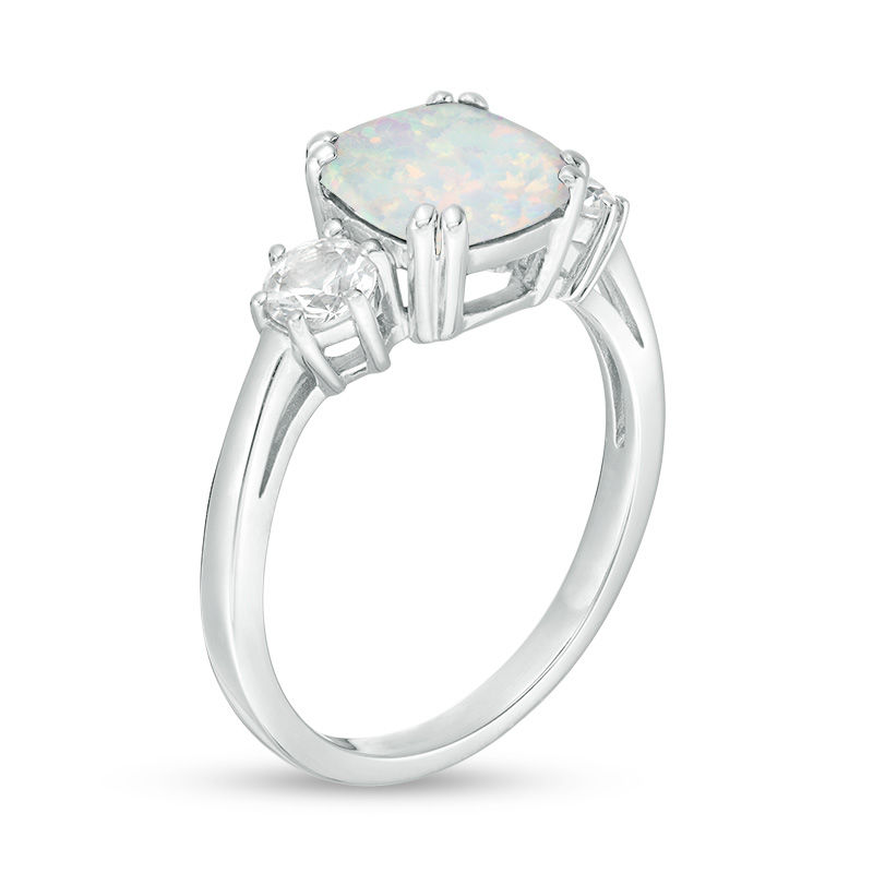 Main Image 3 of 8.0mm Cushion-Cut Lab-Created Opal and White Sapphire Three Stone Ring in Sterling Silver