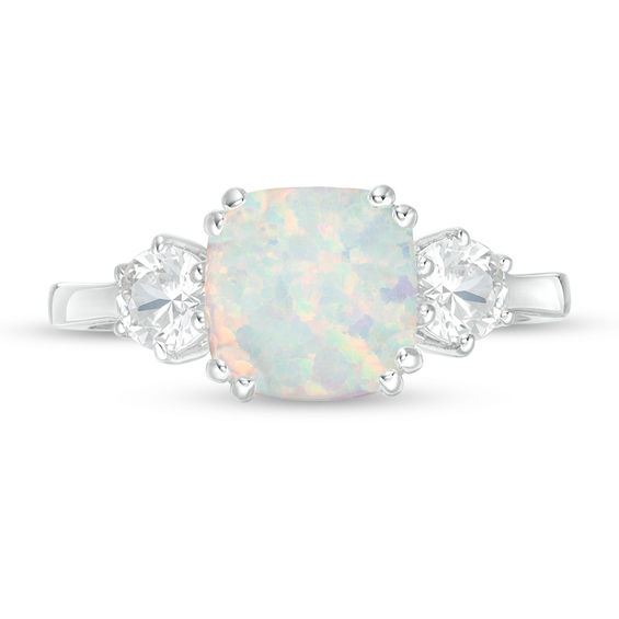 8.0mm Cushion-Cut Lab-Created Opal and White Sapphire Three Stone Ring in Sterling Silver