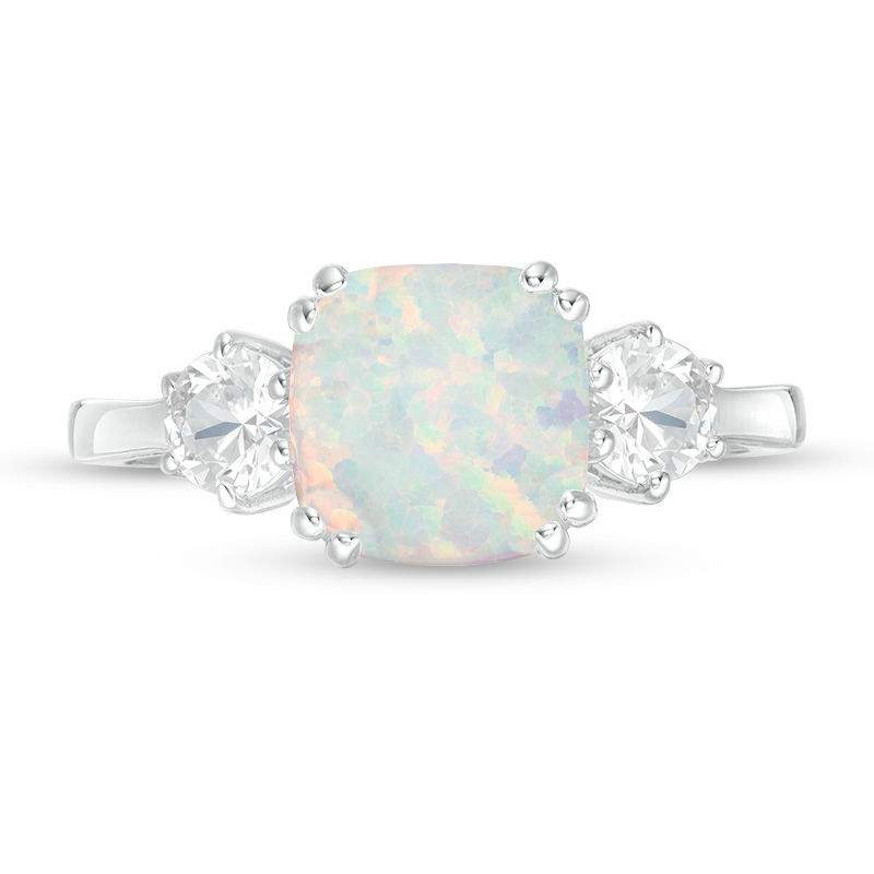 Main Image 4 of 8.0mm Cushion-Cut Lab-Created Opal and White Sapphire Three Stone Ring in Sterling Silver