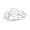 Thumbnail Image 1 of Button Freshwater Cultured Pearl and 4.0mm Lab-Created White Sapphire Three Stone Ring in Sterling Silver