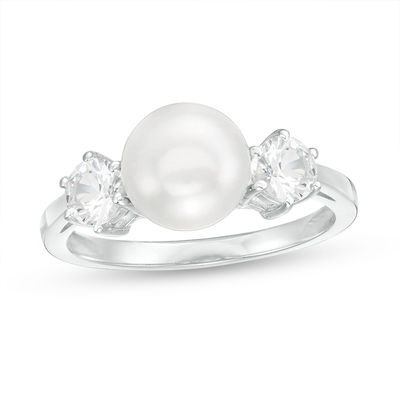 Sizes N P. Sterling Silver Fresh Water Pearl & Simulated Diamond Ring