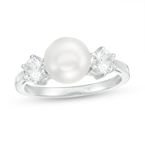 Button Freshwater Cultured Pearl and 4.0mm Lab-Created White Sapphire Three Stone Ring in Sterling Silver