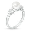 Thumbnail Image 3 of Button Freshwater Cultured Pearl and 4.0mm Lab-Created White Sapphire Three Stone Ring in Sterling Silver