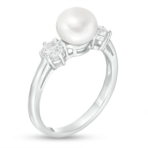 Button Freshwater Cultured Pearl and 4.0mm Lab-Created White Sapphire Three Stone Ring in Sterling Silver