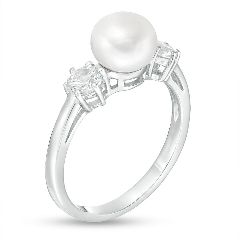 Main Image 3 of Button Freshwater Cultured Pearl and 4.0mm Lab-Created White Sapphire Three Stone Ring in Sterling Silver