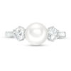 Thumbnail Image 4 of Button Freshwater Cultured Pearl and 4.0mm Lab-Created White Sapphire Three Stone Ring in Sterling Silver