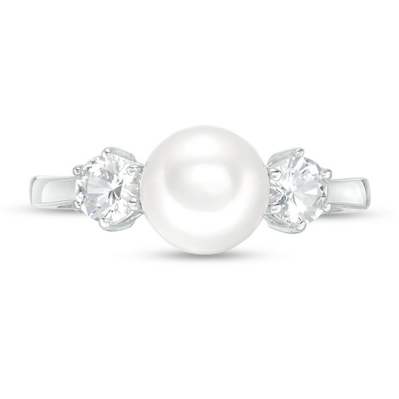 Button Freshwater Cultured Pearl and 4.0mm Lab-Created White Sapphire Three Stone Ring in Sterling Silver