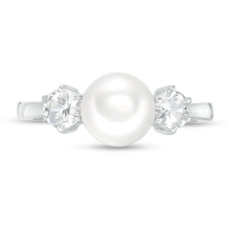 Main Image 4 of Button Freshwater Cultured Pearl and 4.0mm Lab-Created White Sapphire Three Stone Ring in Sterling Silver