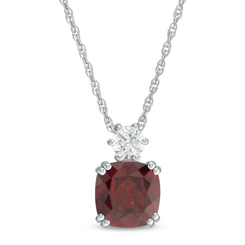 Main Image 1 of 8.0mm Cushion-Cut Garnet and Lab-Created White Sapphire Pendant in Sterling Silver