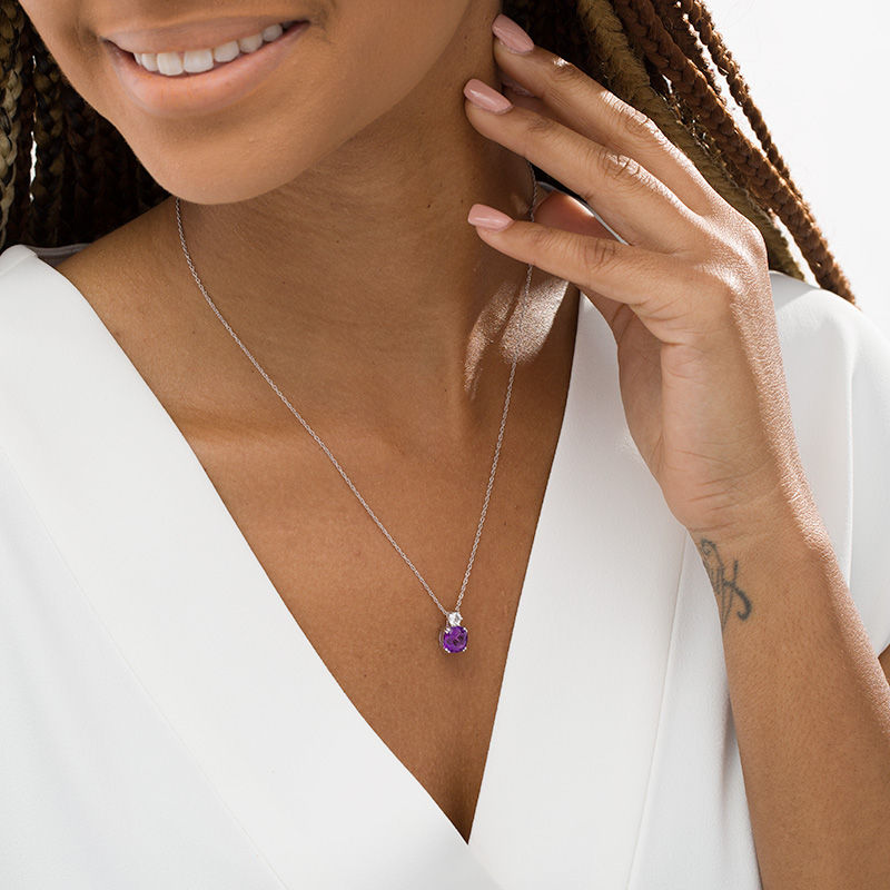 Main Image 2 of 8.0mm Cushion-Cut Amethyst and Lab-Created White Sapphire Pendant in Sterling Silver
