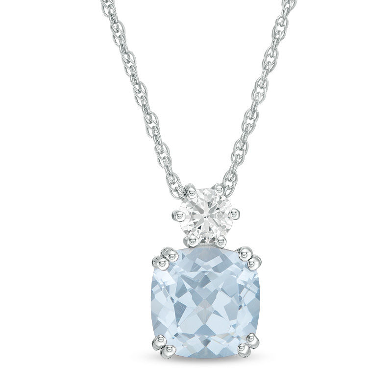 Main Image 1 of 8.0mm Cushion-Cut Lab-Created Blue Spinel and White Sapphire Pendant in Sterling Silver