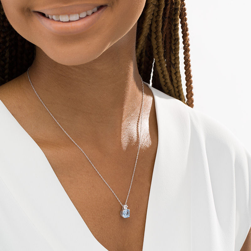Main Image 2 of 8.0mm Cushion-Cut Lab-Created Blue Spinel and White Sapphire Pendant in Sterling Silver