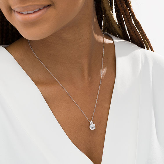 8.0mm Cushion-Cut and Round Lab-Created White Sapphire Pendant in Sterling Silver