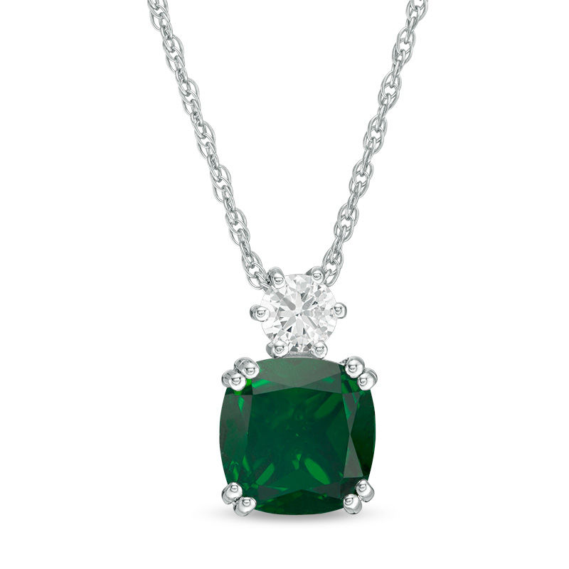 Main Image 1 of 8.0mm Cushion-Cut Green Quartz Doublet and Lab-Created White Sapphire Pendant in Sterling Silver