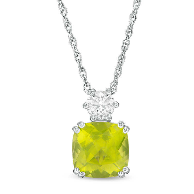 Main Image 1 of 8.0mm Cushion-Cut Peridot and Lab-Created White Sapphire Pendant in Sterling Silver