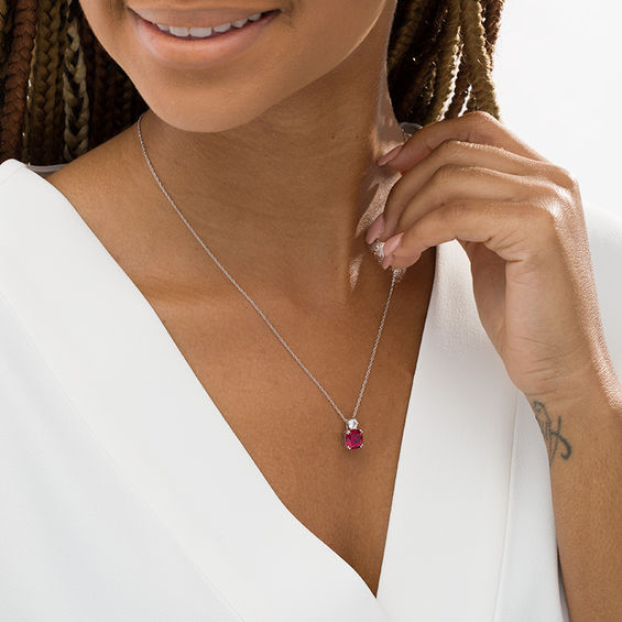 8.0mm Cushion-Cut Lab-Created Ruby and White Sapphire Pendant in Sterling Silver