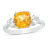 Thumbnail Image 1 of 8.0mm Cushion-Cut Citrine and 4.0mm Lab-Created White Sapphire Three Stone Ring in Sterling Silver