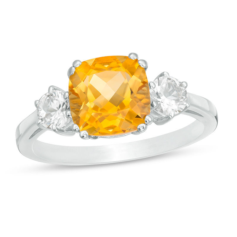 Main Image 1 of 8.0mm Cushion-Cut Citrine and 4.0mm Lab-Created White Sapphire Three Stone Ring in Sterling Silver