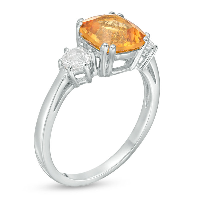 8.0mm Cushion-Cut Citrine and 4.0mm Lab-Created White Sapphire Three Stone Ring in Sterling Silver