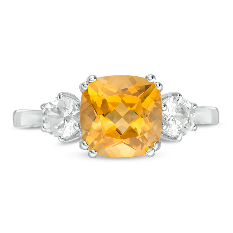 8.0mm Cushion-Cut Citrine and 4.0mm Lab-Created White Sapphire Three Stone Ring in Sterling Silver