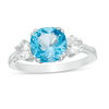 Thumbnail Image 1 of 8.0mm Cushion-Cut Swiss Blue Topaz and 4.0mm Lab-Created White Sapphire Three Stone Ring in Sterling Silver