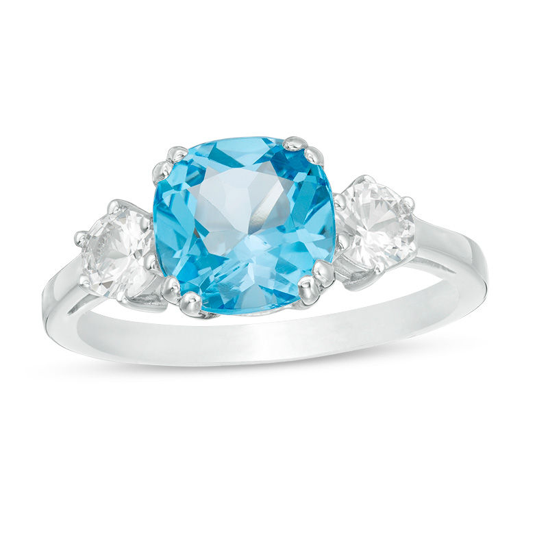 Main Image 1 of 8.0mm Cushion-Cut Swiss Blue Topaz and 4.0mm Lab-Created White Sapphire Three Stone Ring in Sterling Silver