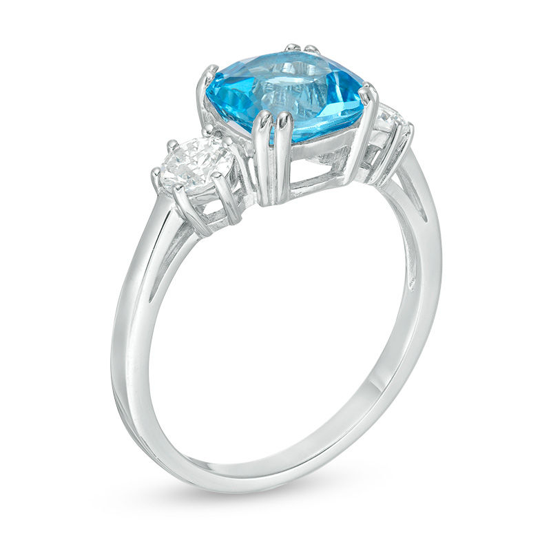 Main Image 3 of 8.0mm Cushion-Cut Swiss Blue Topaz and 4.0mm Lab-Created White Sapphire Three Stone Ring in Sterling Silver