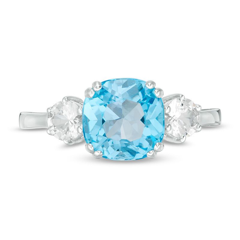 Main Image 4 of 8.0mm Cushion-Cut Swiss Blue Topaz and 4.0mm Lab-Created White Sapphire Three Stone Ring in Sterling Silver