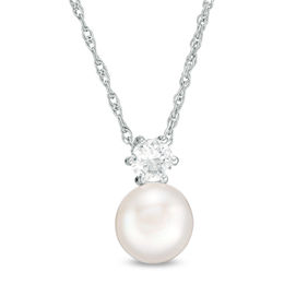 7.5-8.0mm Button Cultured Freshwater Pearl and Lab-Created White Sapphire Pendant in Sterling Silver