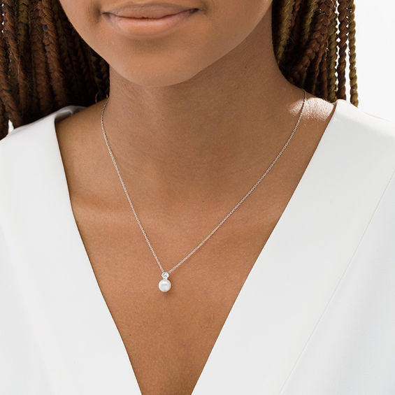 7.5-8.0mm Button Freshwater Cultured Pearl and Lab-Created White Sapphire Pendant in Sterling Silver