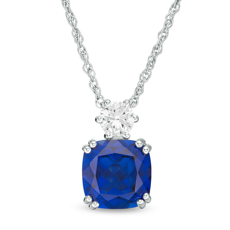 Main Image 1 of 8.0mm Cushion-Cut Lab-Created Blue and White Sapphire Pendant in Sterling Silver