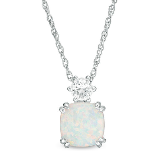 8.0mm Cushion-Cut Lab-Created Opal and White Sapphire Pendant in Sterling Silver