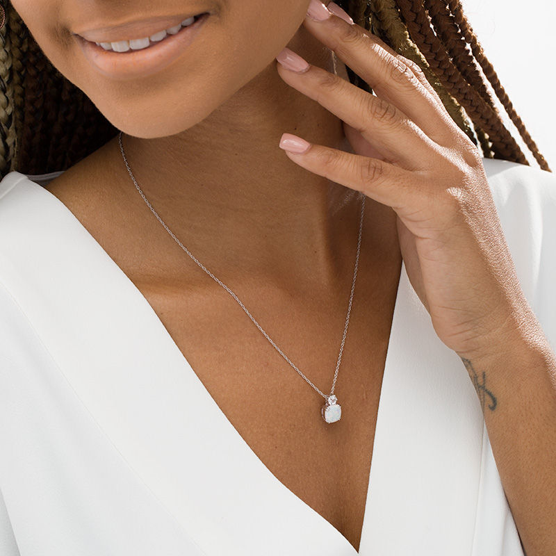 Main Image 2 of 8.0mm Cushion-Cut Lab-Created Opal and White Sapphire Pendant in Sterling Silver