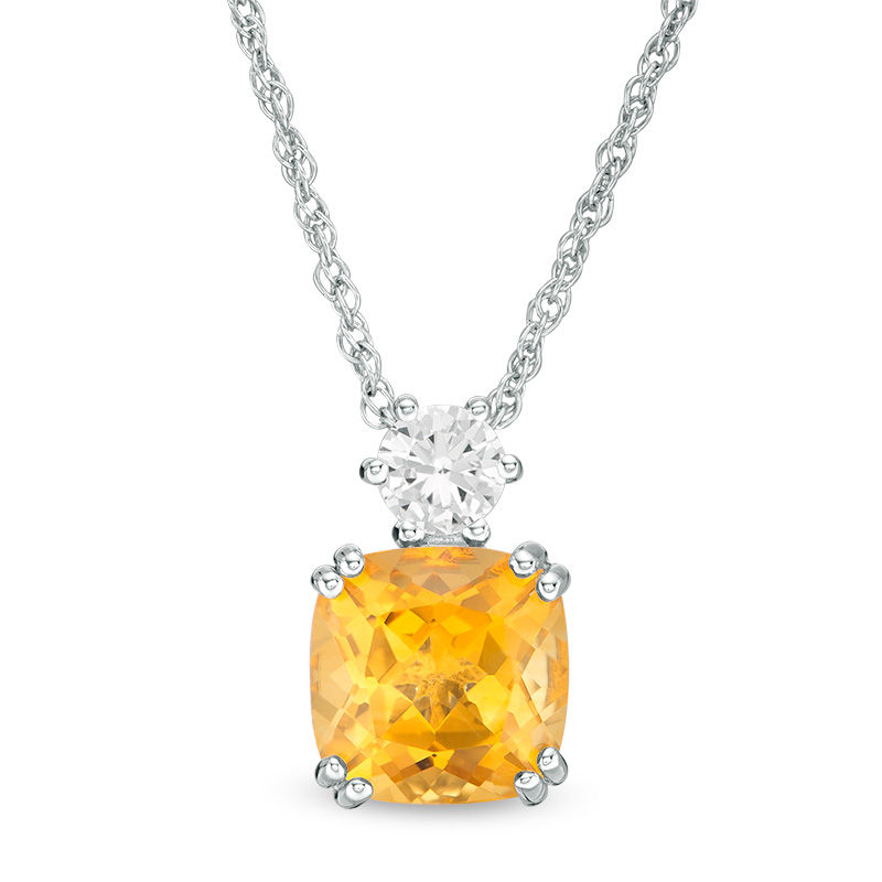 Main Image 1 of 8.0mm Cushion-Cut Citrine and Lab-Created White Sapphire Pendant in Sterling Silver