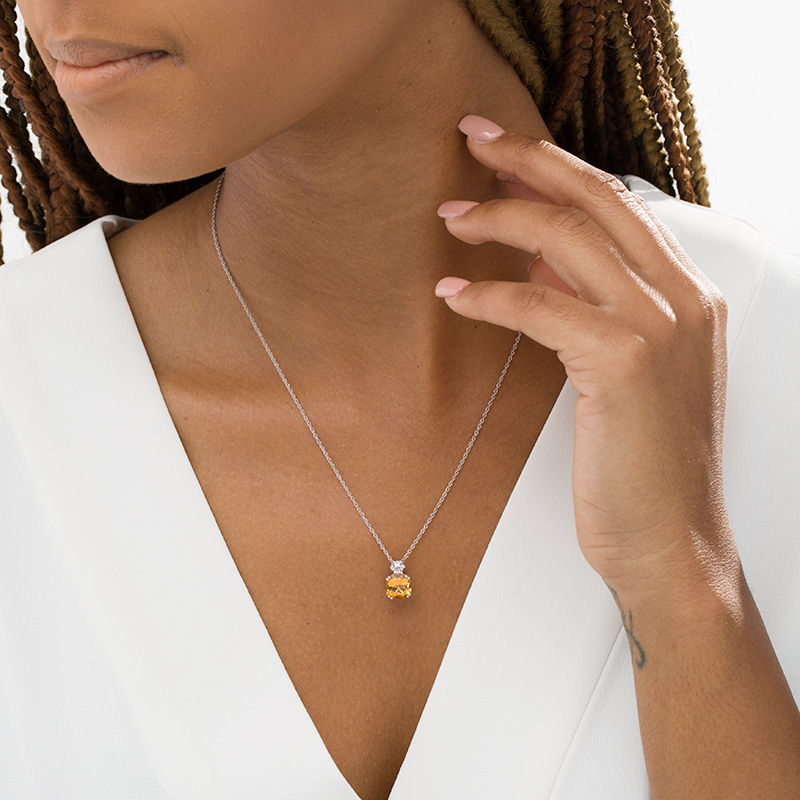 Main Image 2 of 8.0mm Cushion-Cut Citrine and Lab-Created White Sapphire Pendant in Sterling Silver