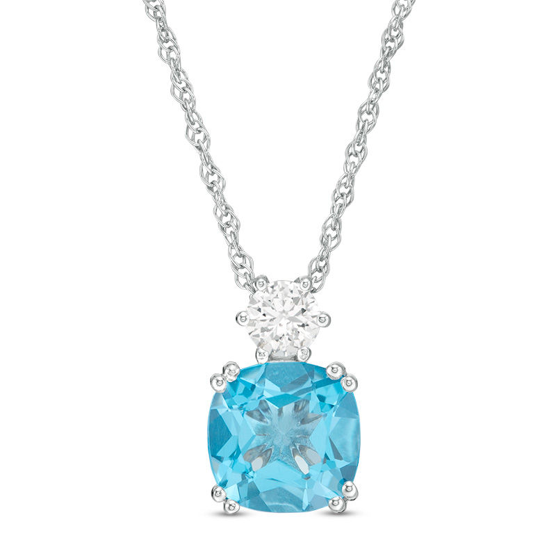 8.0mm Cushion-Cut Swiss Blue Topaz and Lab-Created White Sapphire Pendant in Sterling Silver