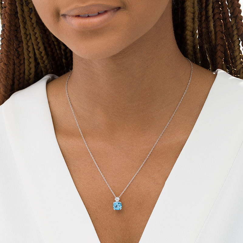 8.0mm Cushion-Cut Swiss Blue Topaz and Lab-Created White Sapphire Pendant in Sterling Silver