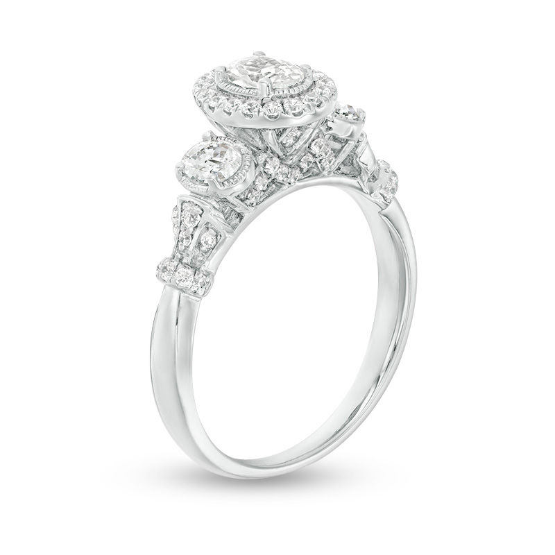 Main Image 3 of 1 CT. T.W. Oval Diamond Past Present Future® Frame Vintage-Style Engagement Ring in 14K White Gold - Size 7