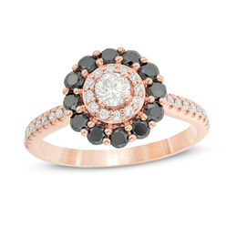 1 CT. T.W. Enhanced Black and White Diamond Double Frame Engagement Ring in 10K Rose Gold - Size 7