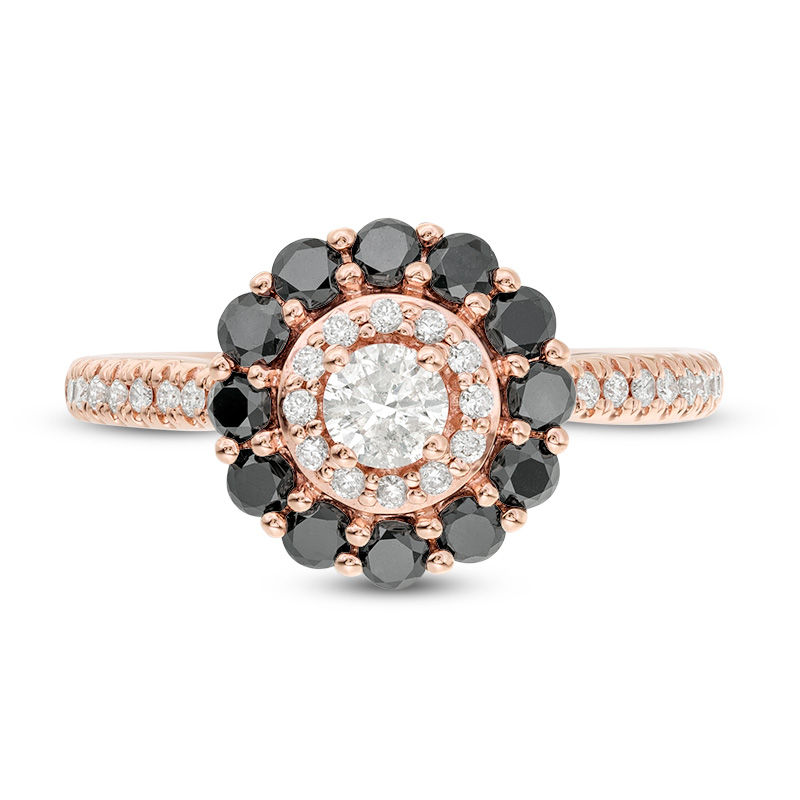 Main Image 4 of 1 CT. T.W. Enhanced Black and White Diamond Double Frame Engagement Ring in 10K Rose Gold - Size 7
