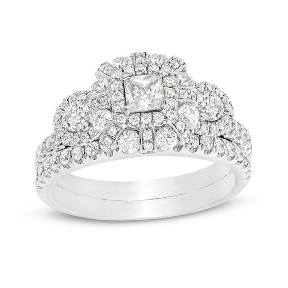 1-1/2 CT. T.w. Princess-Cut Diamond Past Present Future® Double Frame Bridal Set in 10K White Gold