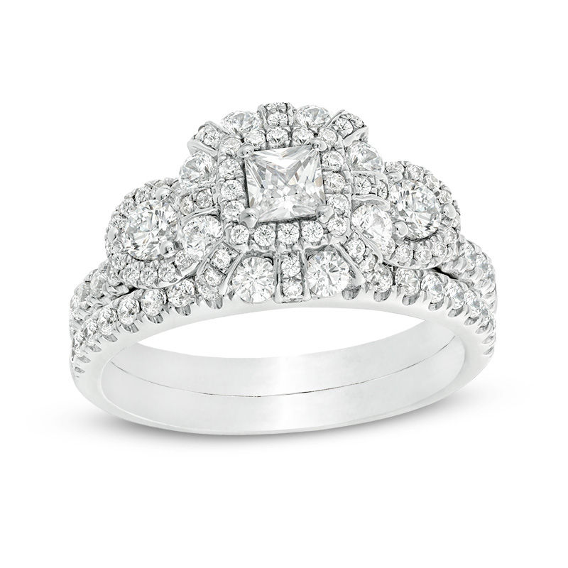 Main Image 1 of 1-1/2 CT. T.W. Princess-Cut Diamond Past Present Future® Double Frame Bridal Set in 10K White Gold