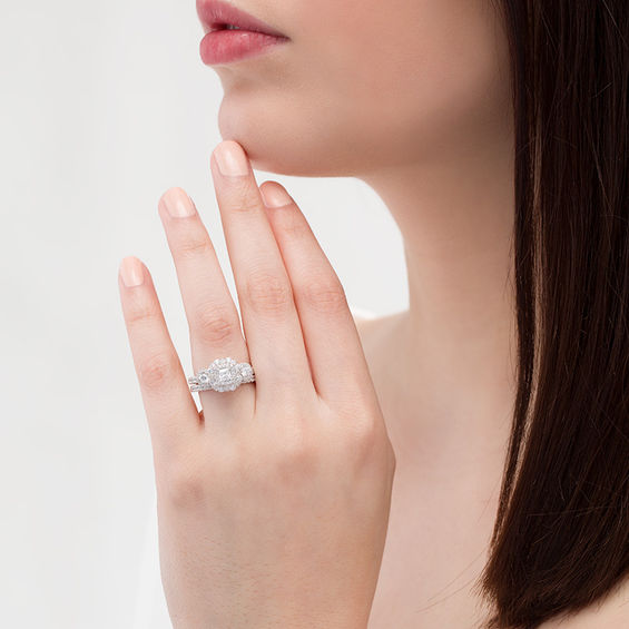 1-1/2 CT. T.w. Princess-Cut Diamond Past Present Future® Double Frame Bridal Set in 10K White Gold