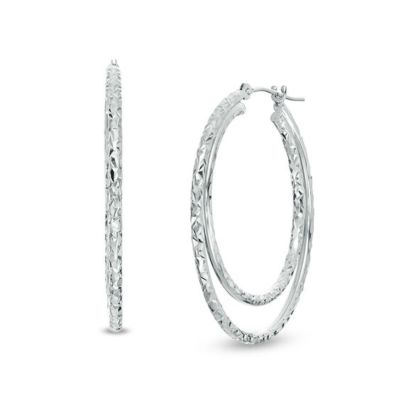 30.0mm Diamond-Cut Double Hoop Earrings in 10K White Gold