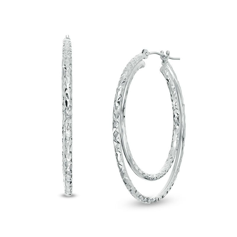 Main Image 1 of 30.0mm Diamond-Cut Double Hoop Earrings in 10K White Gold