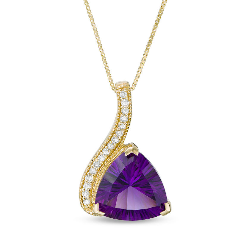 Main Image 1 of 10.0mm Trillion-Cut Amethyst and 1/15 CT. T.W. Diamond Swirl Ribbon Vintage-Style Pendant in 10K Gold