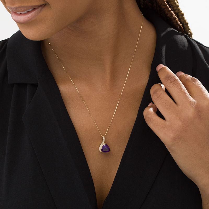 Main Image 2 of 10.0mm Trillion-Cut Amethyst and 1/15 CT. T.W. Diamond Swirl Ribbon Vintage-Style Pendant in 10K Gold