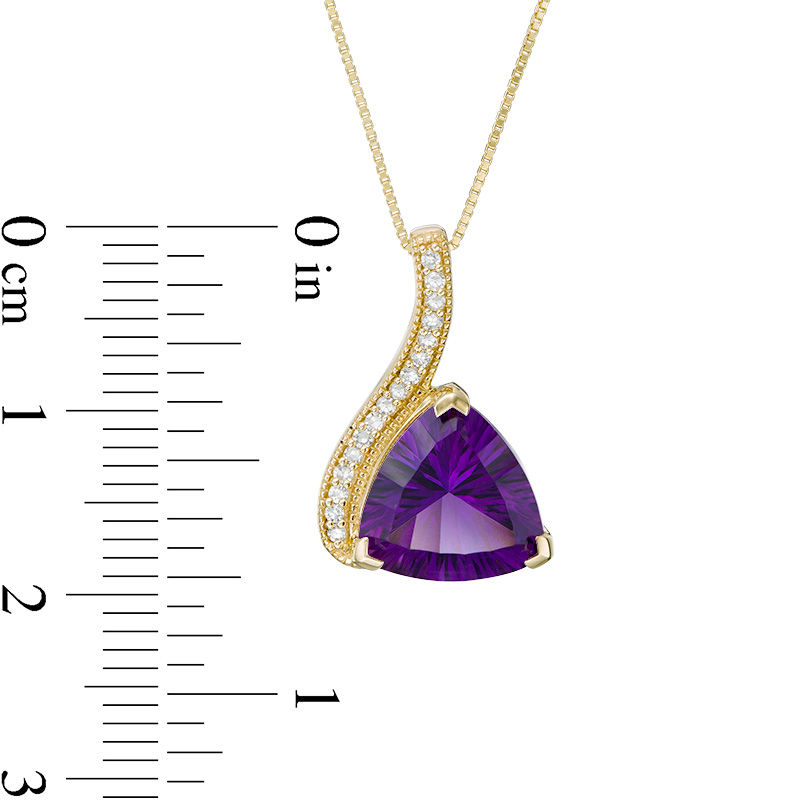 Main Image 3 of 10.0mm Trillion-Cut Amethyst and 1/15 CT. T.W. Diamond Swirl Ribbon Vintage-Style Pendant in 10K Gold