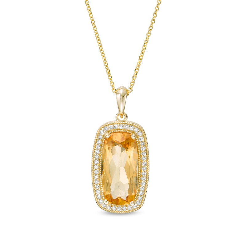 Main Image 1 of Elongated Cushion-Cut Citrine and 1/5 CT. T.W. Diamond Frame Vintage-Style Drop Pendant in 10K Gold